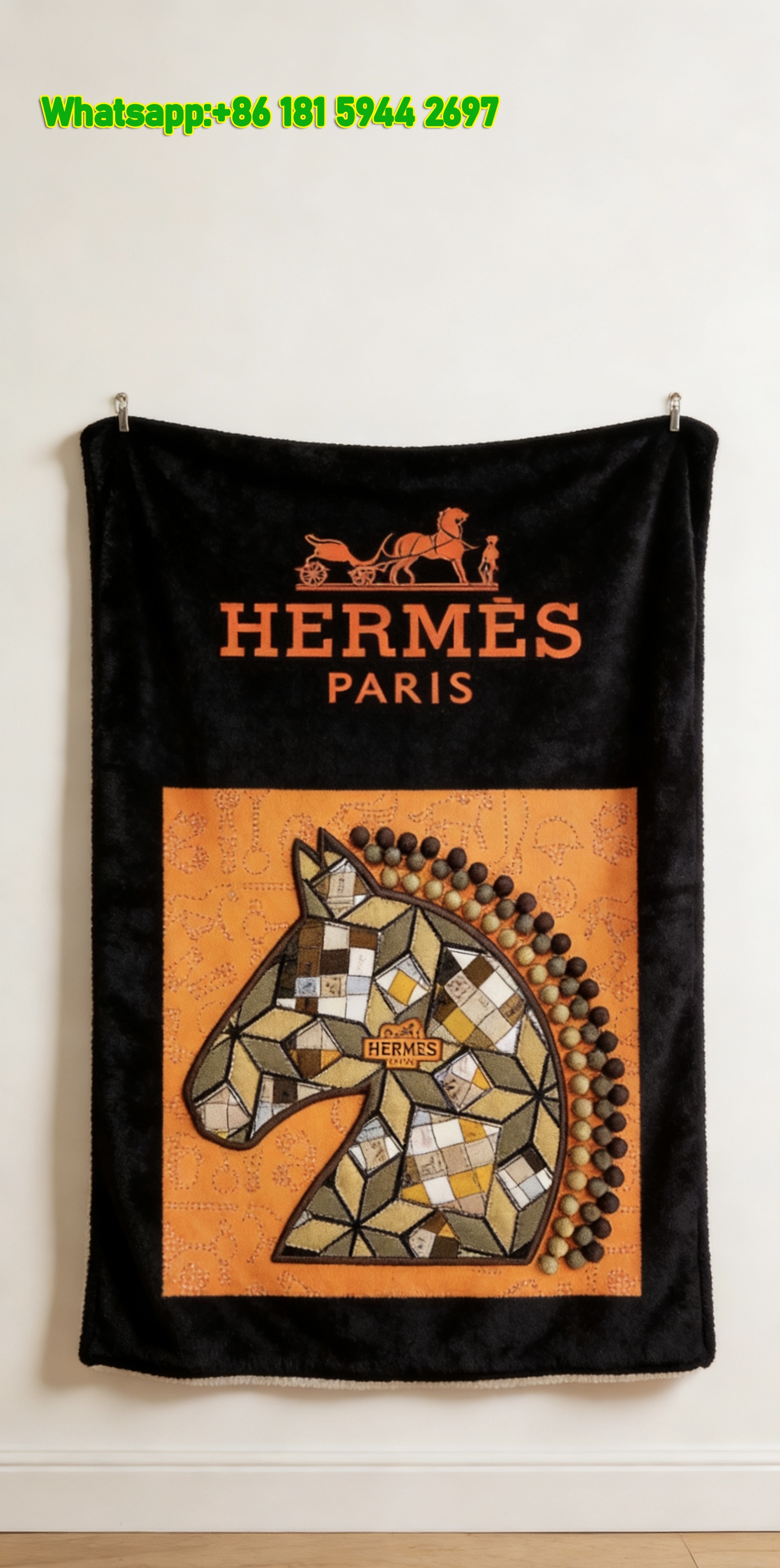 Hermes Geometric Patchwork Horse Head Flannel Throw Blanket IMG_5310